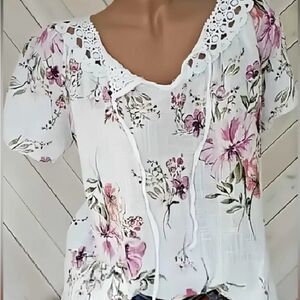 NWOT White and Pink Tie Front Embellished Blouse with Bib Collar